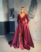 Vestidos de noche con escote en V para mujer, vestido de graduación corte A con abertura
