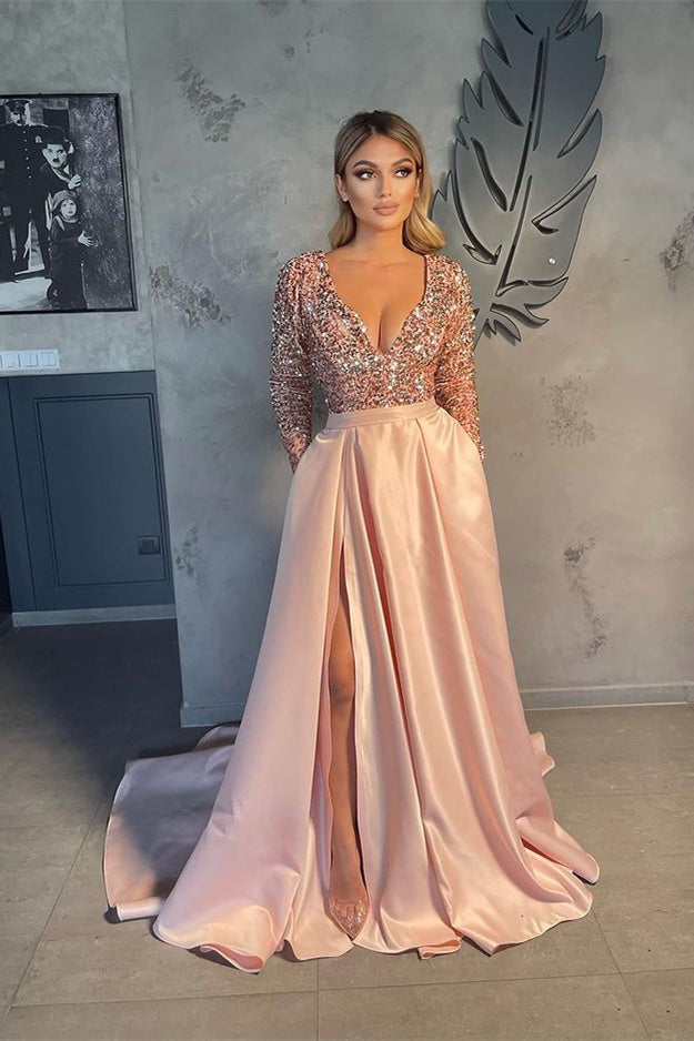 Vestidos de noche con escote en V para mujer, vestido de graduación corte A con abertura