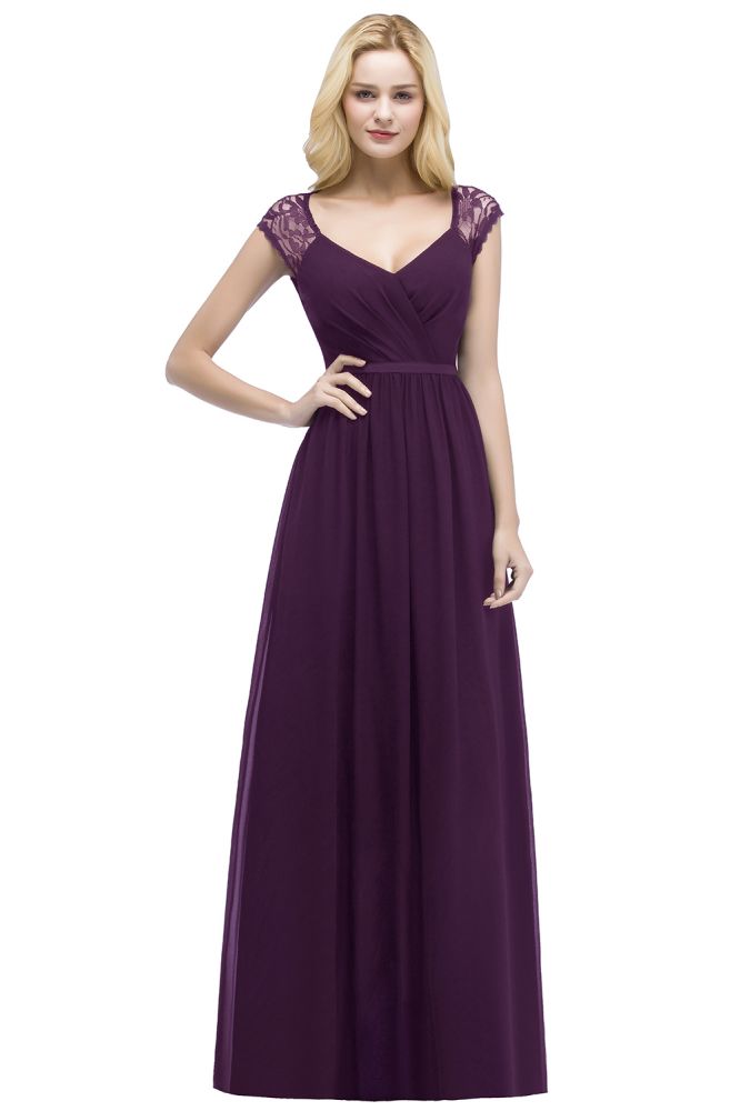 Vestidos de dama de honor de gasa de encaje, corte línea A, escote en V, largo hasta el suelo, con fajín