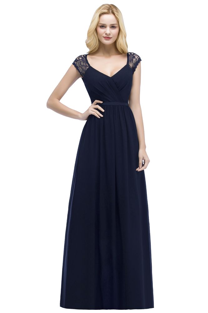 Vestidos de dama de honor de gasa de encaje, corte línea A, escote en V, largo hasta el suelo, con fajín