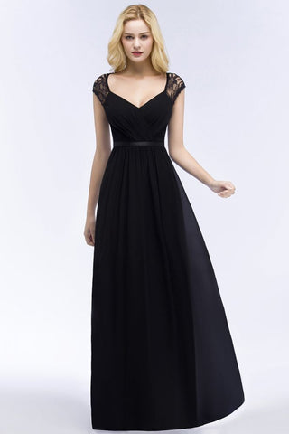 V-neck Floor Length A-line Lace Chiffon Bridesmaid Dresses with Sash