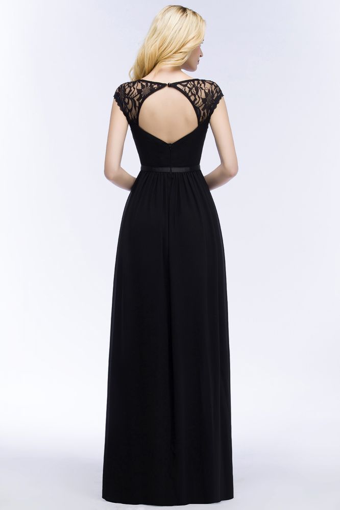 Vestidos de dama de honor de gasa de encaje, corte línea A, escote en V, largo hasta el suelo, con fajín