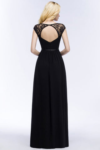 V-neck Floor Length A-line Lace Chiffon Bridesmaid Dresses with Sash