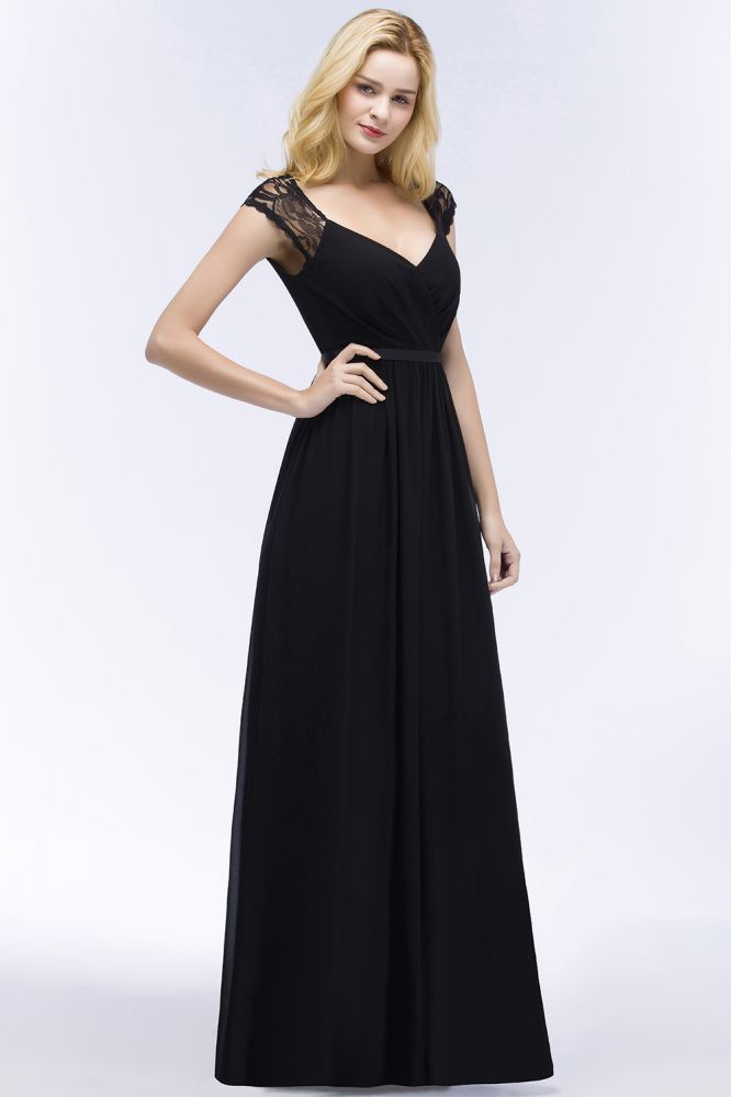 Vestidos de dama de honor de gasa de encaje, corte línea A, escote en V, largo hasta el suelo, con fajín
