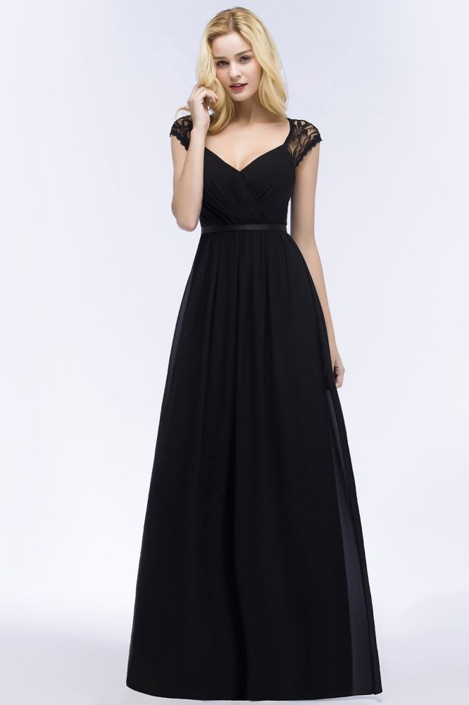 Vestidos de dama de honor de gasa de encaje, corte línea A, escote en V, largo hasta el suelo, con fajín