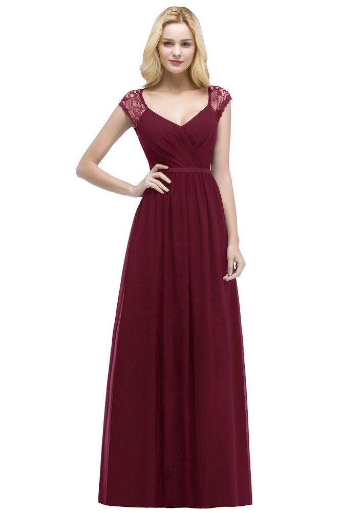 Vestidos de dama de honor de gasa de encaje, corte línea A, escote en V, largo hasta el suelo, con fajín
