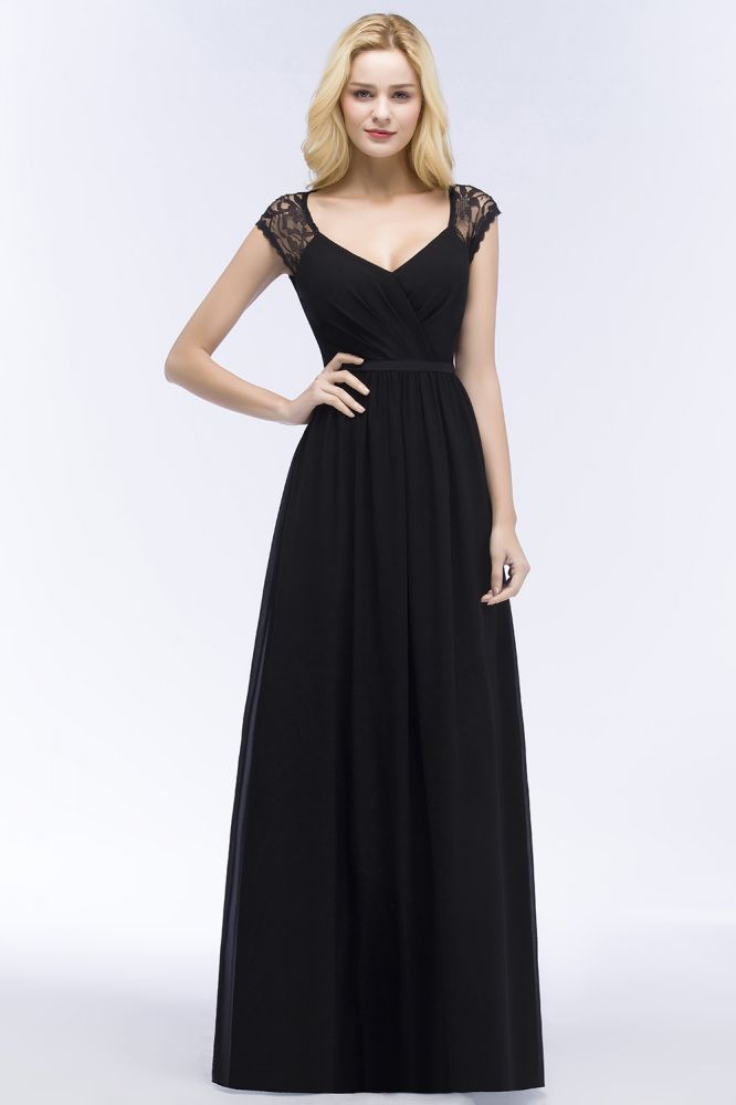 Vestidos de dama de honor de gasa de encaje, corte línea A, escote en V, largo hasta el suelo, con fajín