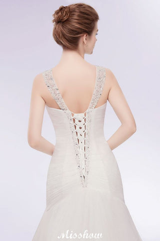 Vestidos de novia de sirena con escote en V, largos hasta el suelo, de tul y cristales