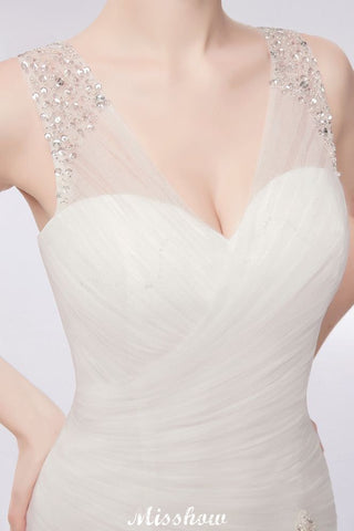 Vestidos de novia de sirena con escote en V, largos hasta el suelo, de tul y cristales