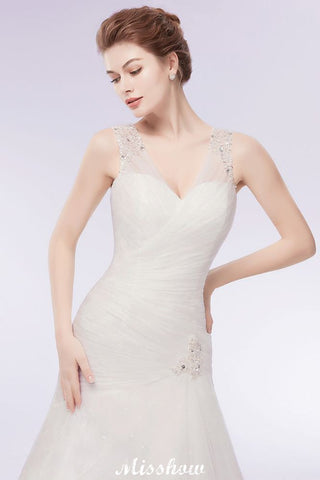 Vestidos de novia de sirena con escote en V, largos hasta el suelo, de tul y cristales