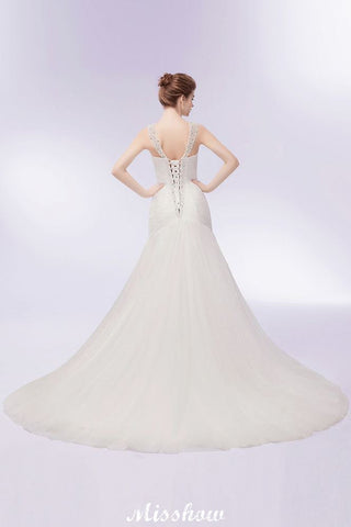 Vestidos de novia de sirena con escote en V, largos hasta el suelo, de tul y cristales