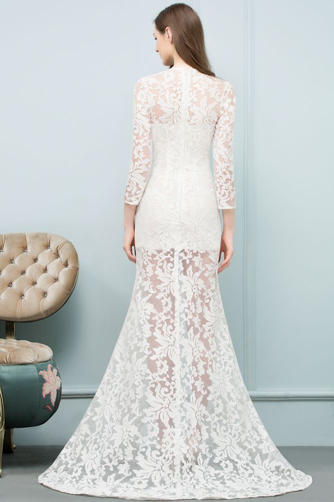 Robe de bal sirène en dentelle, col en V, longueur au sol, avec manches