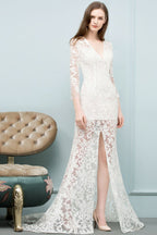 Robe de bal sirène en dentelle, col en V, longueur au sol, avec manches