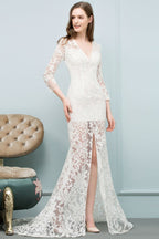 Robe de bal sirène en dentelle, col en V, longueur au sol, avec manches