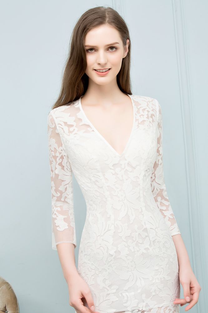 Robe de bal sirène en dentelle, col en V, longueur au sol, avec manches