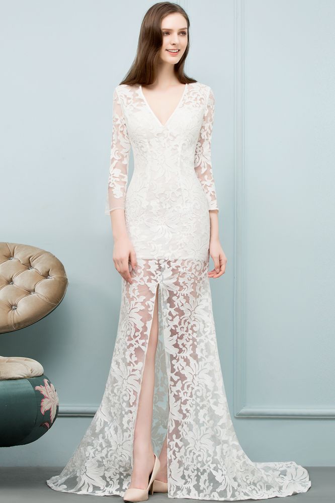 Robe de bal sirène en dentelle, col en V, longueur au sol, avec manches