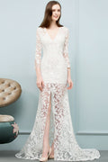 Robe de bal sirène en dentelle, col en V, longueur au sol, avec manches