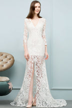 Robe de bal sirène en dentelle, col en V, longueur au sol, avec manches