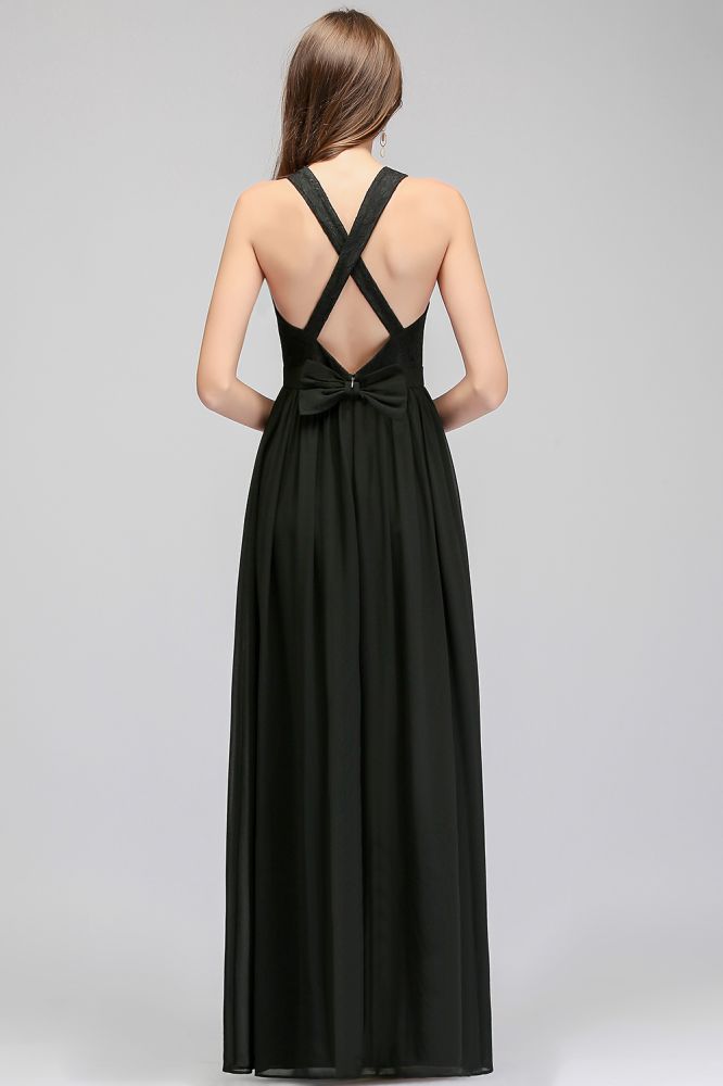 Vestido de dama de honor negro sin mangas con escote en V y top de encaje hasta el suelo