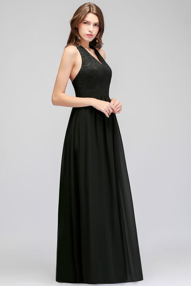 Robe de demoiselle d'honneur noire sans manches à col en V et haut en dentelle, longue jusqu'au sol
