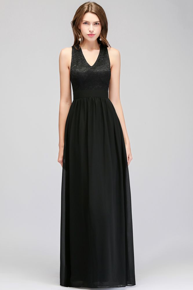 Vestido de dama de honor negro sin mangas con escote en V y top de encaje hasta el suelo