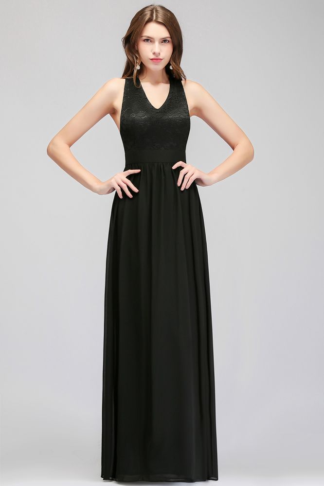 Vestido de dama de honor negro sin mangas con escote en V y top de encaje hasta el suelo