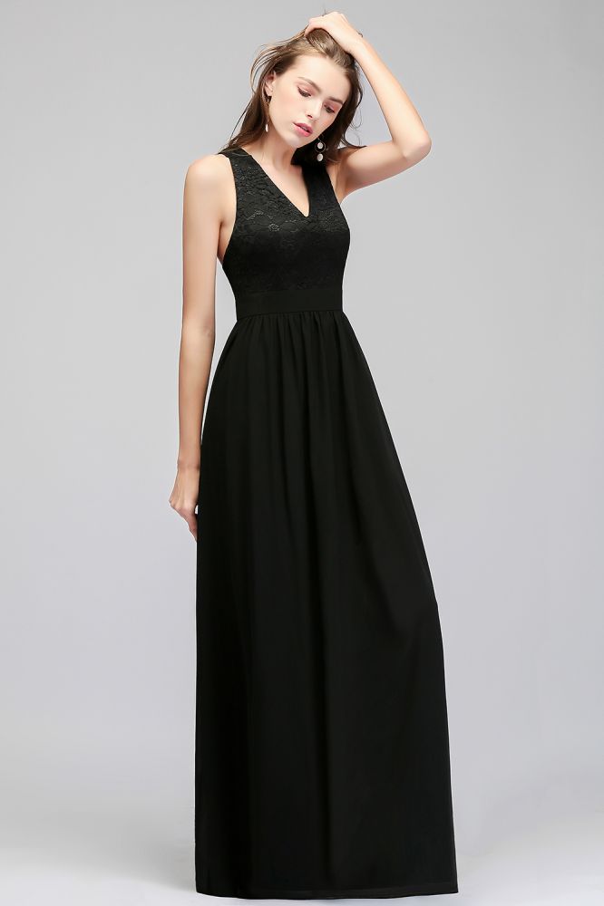 Vestido de dama de honor negro sin mangas con escote en V y top de encaje hasta el suelo