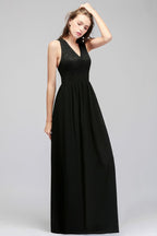Vestido de dama de honor negro sin mangas con escote en V y top de encaje hasta el suelo