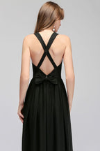 Vestido de dama de honor negro sin mangas con escote en V y top de encaje hasta el suelo