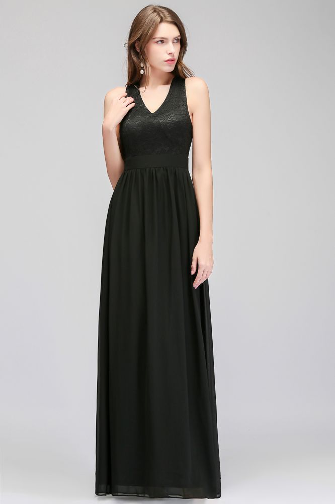 Vestido de dama de honor negro sin mangas con escote en V y top de encaje hasta el suelo