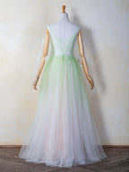 Vestido de fiesta de tul largo hasta el suelo con apliques 3D y escote en V