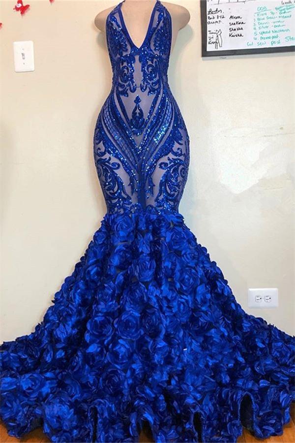 V-Neck Halter Sequins Pattern Floral Sweep Train Prom Dresses