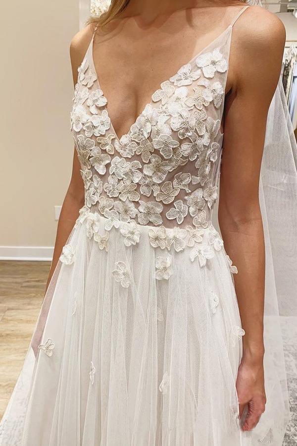 Vestidos de novia color marfil con escote en V y estampado floral vibrante, con corpiño sin forro WD476