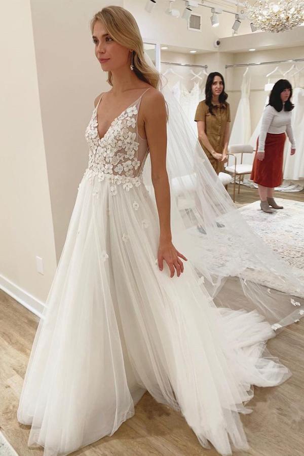 Vestidos de novia color marfil con escote en V y estampado floral vibrante, con corpiño sin forro WD476