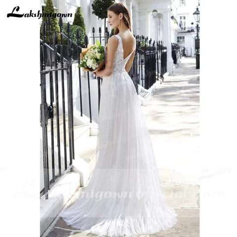 Baoleely V Neck Lace Backless Boho Wedding Dresses