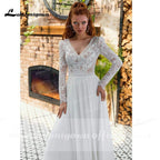 Baoleely V Neck Lace Long Sleeve Backless Chiffon Wedding Dresses