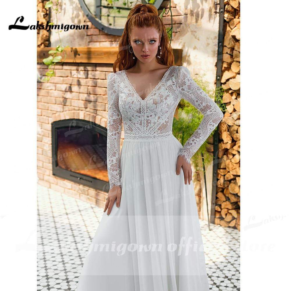 Baoleely V Neck Lace Long Sleeve Backless Chiffon Wedding Dresses