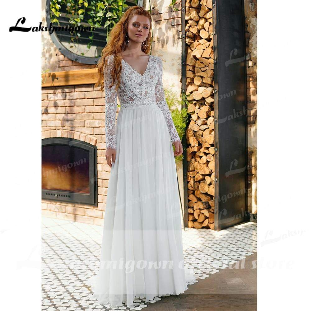 Baoleely V Neck Lace Long Sleeve Backless Chiffon Wedding Dresses