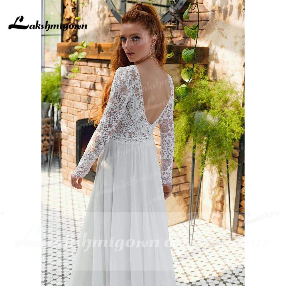 Baoleely V Neck Lace Long Sleeve Backless Chiffon Wedding Dresses
