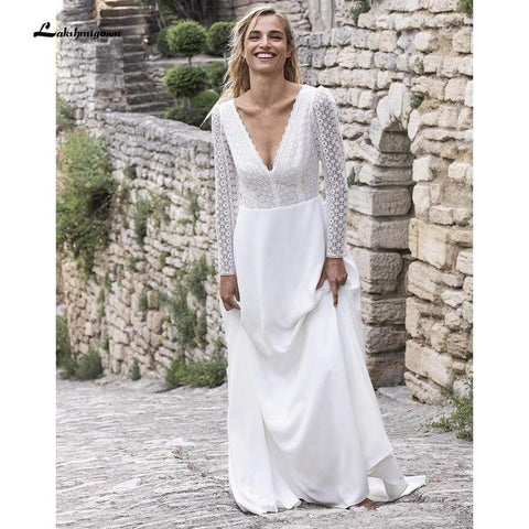 Baoleely V Neck Lace Long Sleeve Backless Wedding Dresses