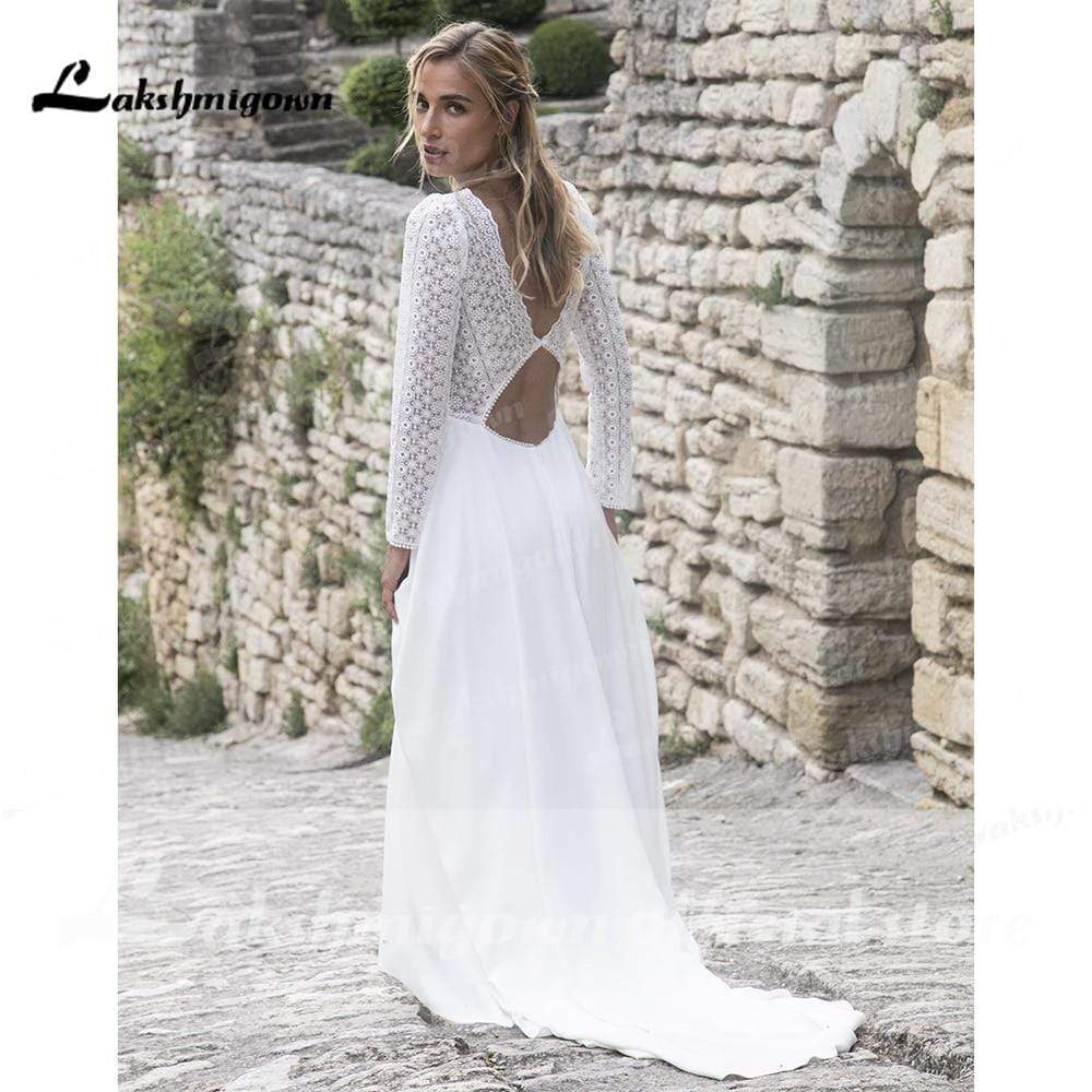 Baoleely V Neck Lace Long Sleeve Backless Wedding Dresses