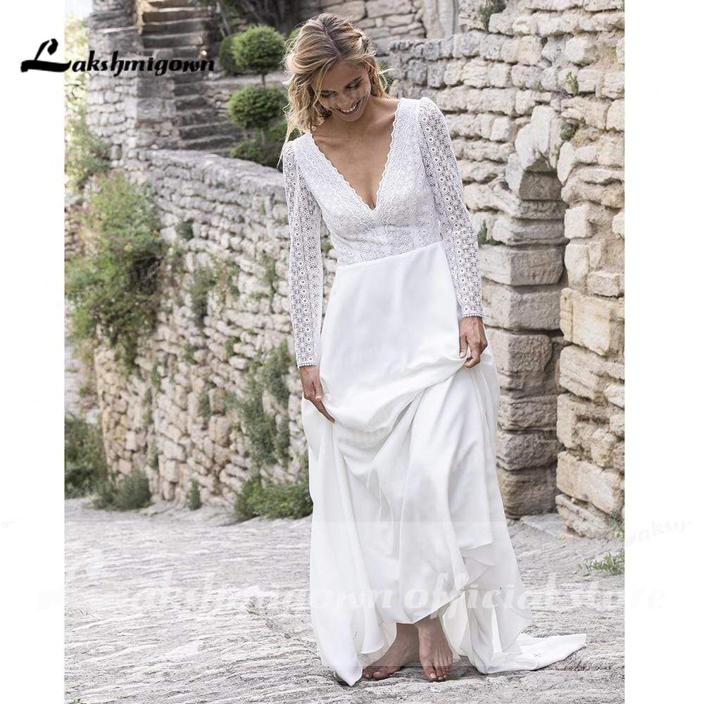 Baoleely V Neck Lace Long Sleeve Backless Wedding Dresses