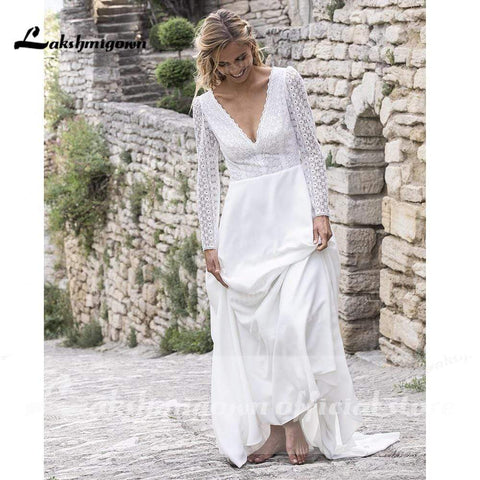 Baoleely V Neck Lace Long Sleeve Backless Wedding Dresses
