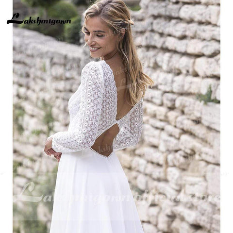 Baoleely V Neck Lace Long Sleeve Backless Wedding Dresses