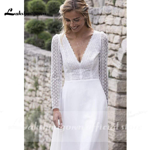 Baoleely V Neck Lace Long Sleeve Backless Wedding Dresses