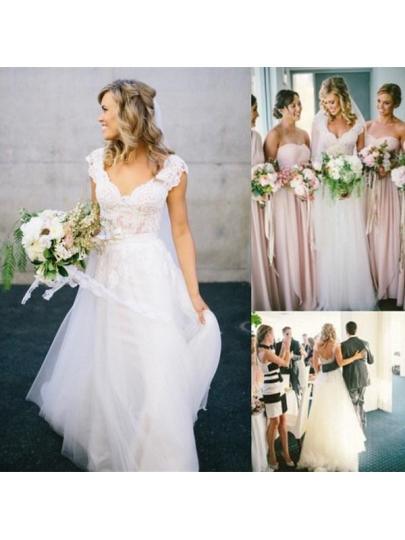 Robe de mariée trapèze en dentelle et tulle à col en V et manches courtes WD136