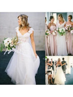 Robe de mariée trapèze en dentelle et tulle à col en V et manches courtes WD136