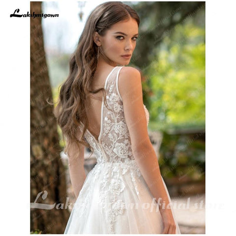 Baoleely V-Neck  Lace Wedding Dress Applique Sleeveless