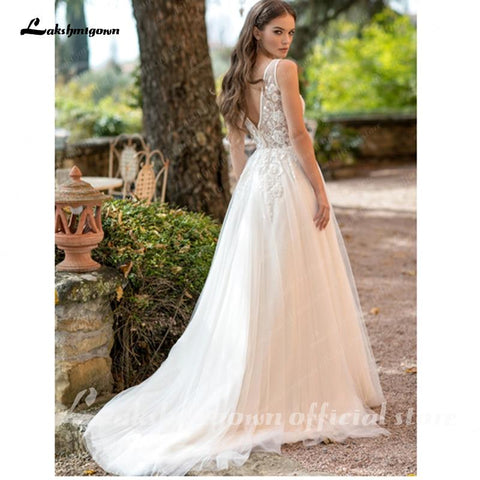 Baoleely V-Neck  Lace Wedding Dress Applique Sleeveless