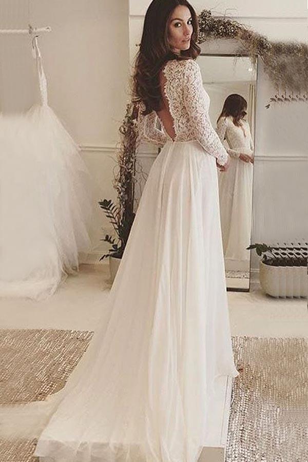Robe de mariée en mousseline ivoire, dos nu, col en V, manches longues et dentelle WD153